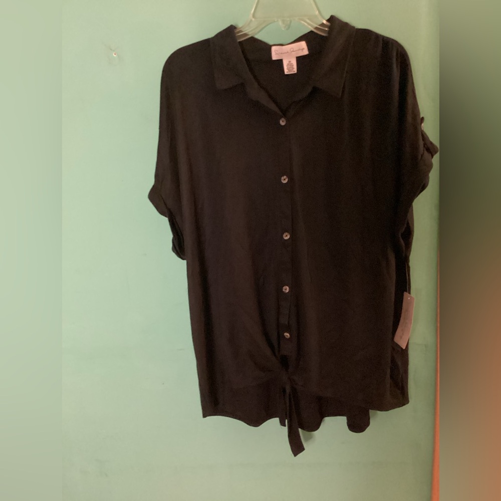 French Laundry Black Button-Front Tie Hem Blouse
